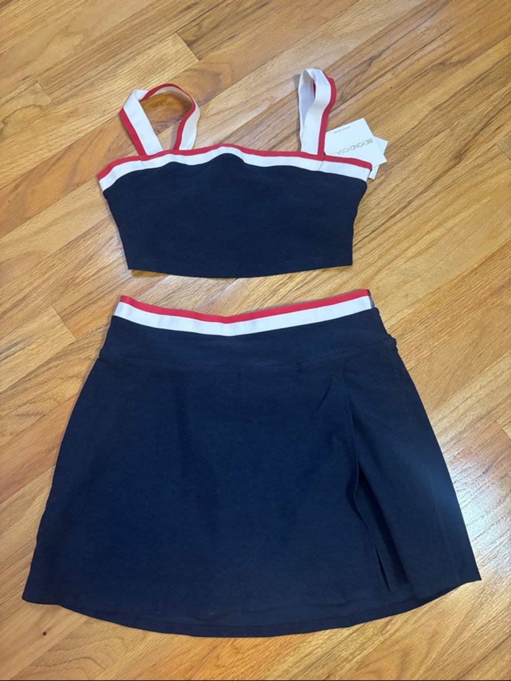 Beyond Yoga Navy Two-Piece Skirt Set with Red & White Trim